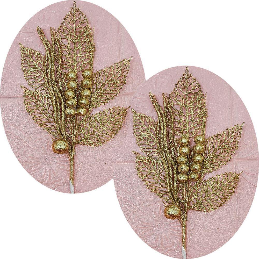Miniatura Folhas Flores Enfeite Natal Gliter Dourado De 45cm Kit 10pçs