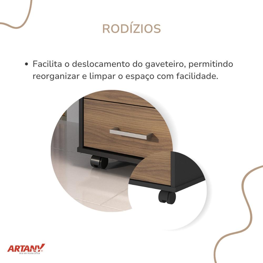 Gaveteiro Executivo 3 Gavetas com Rodinhas e Chave para Escritório Nogal/Preto