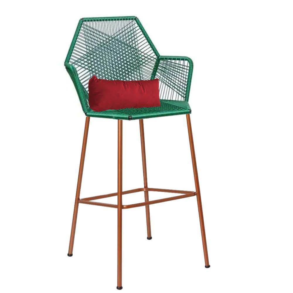 Miniatura Banqueta Alta Com Encosto Ferro Bronze Fibra Verde Almofada Corino Vermelho