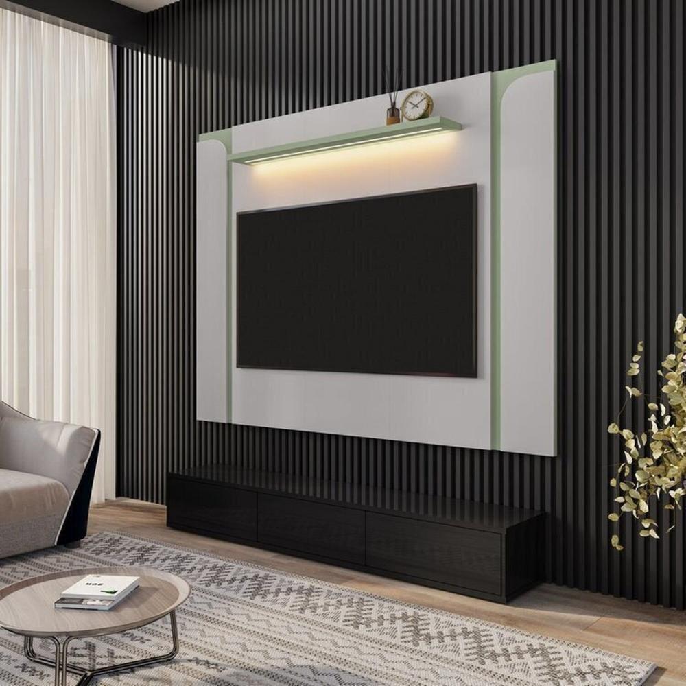 Painel Maresias e Rack Juquehy com Led Off-White/Pistache