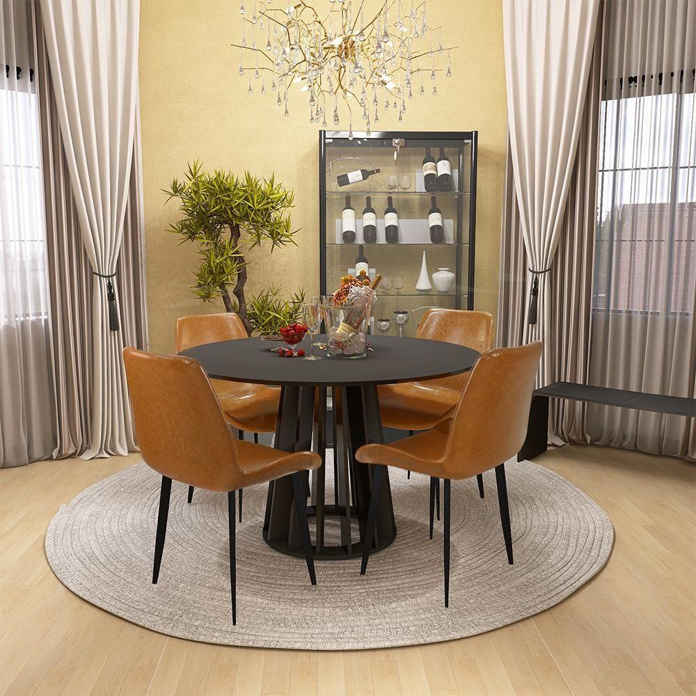 Conjunto Mesa De Jantar Redonda Preta Talia 120cm Com 4 Cadeiras Estofadas Chicago - Marrom