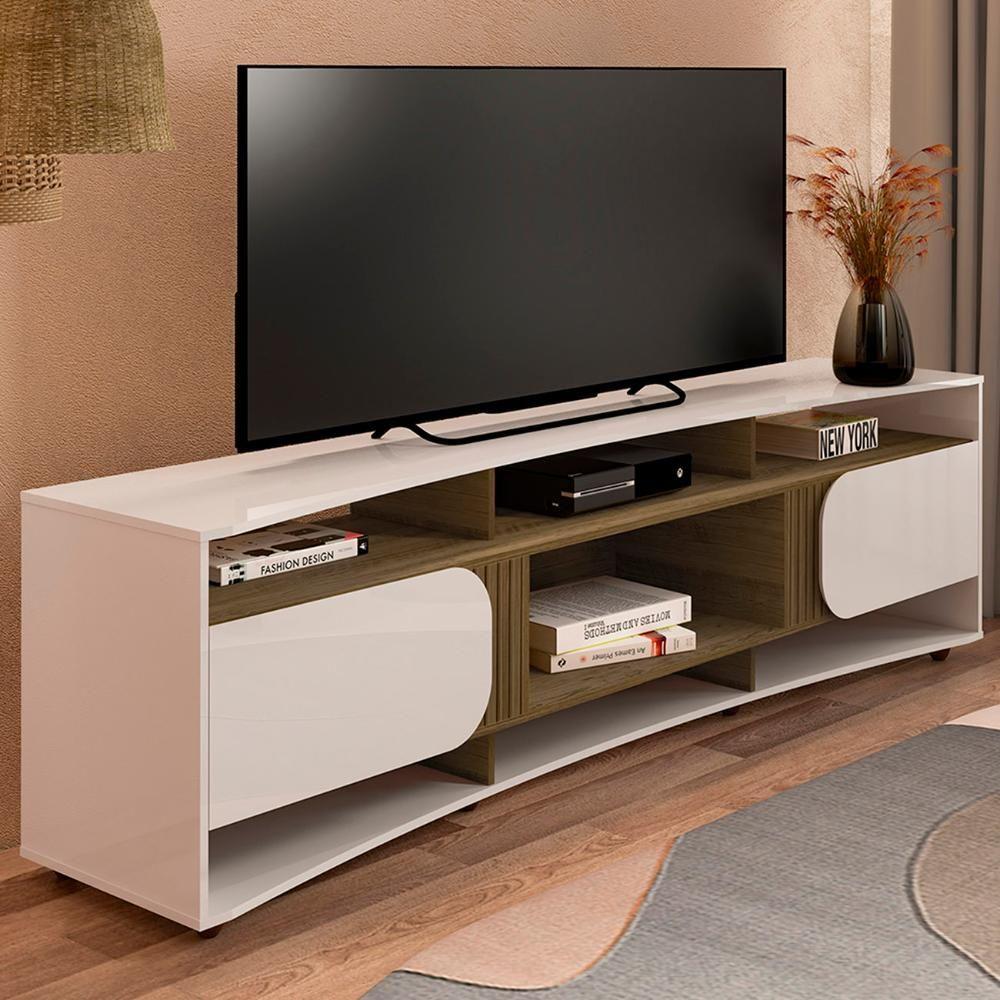 Miniatura Rack TV 86 Polegadas 220cm Com 2 Portas Reno Off White Pinho A09 - Mpozenato
