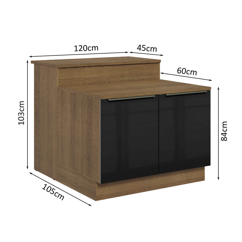 Ilha de Cozinha com Bancada e Balcão 120 cm Rustic/Preto Lux Madesa Cor:Rustic/Preto
