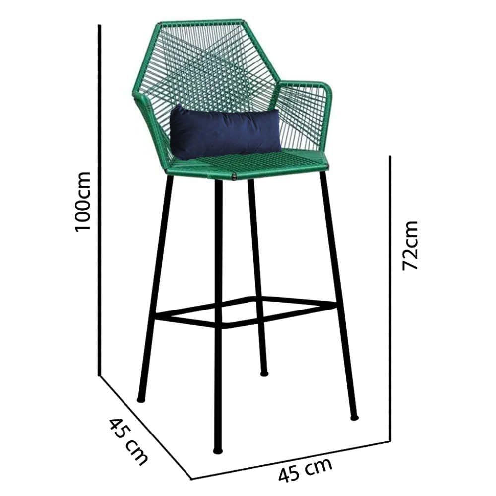 Miniatura Banqueta Alta Com Encosto Ferro Verde Fibra Verde Almofada Azul Marinho