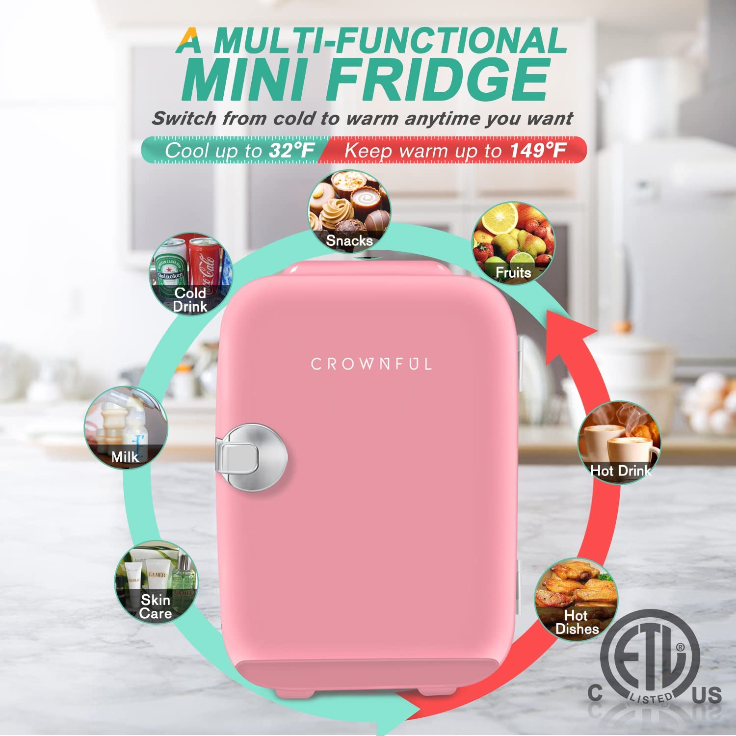 CROWNFUL CFPC4LBLK Mini Geladeira para Skincare 4 Litros Portátil 110V12V Rosa