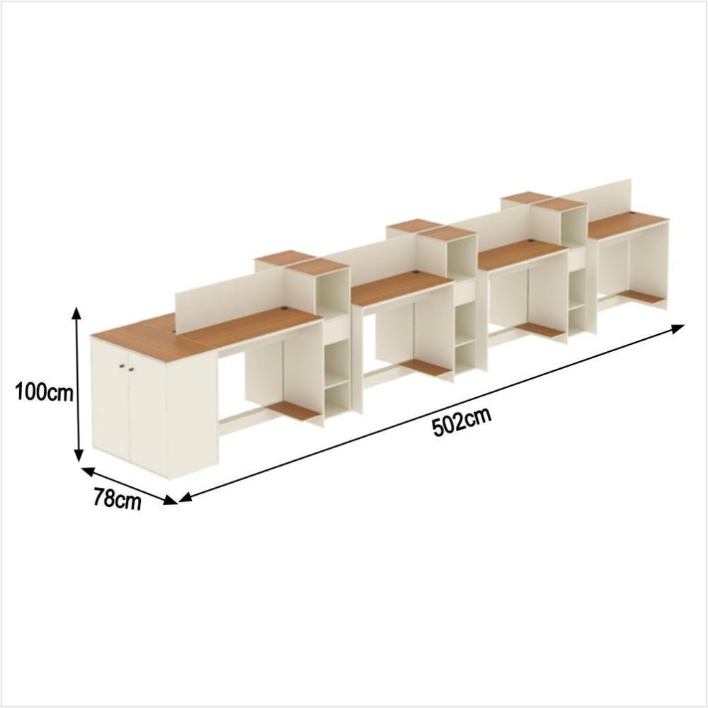 Miniatura Estação De Trabalho 8 Lugares Smart Office 8 Mesas 6 Armários 1 Aparador Off White E Cedro