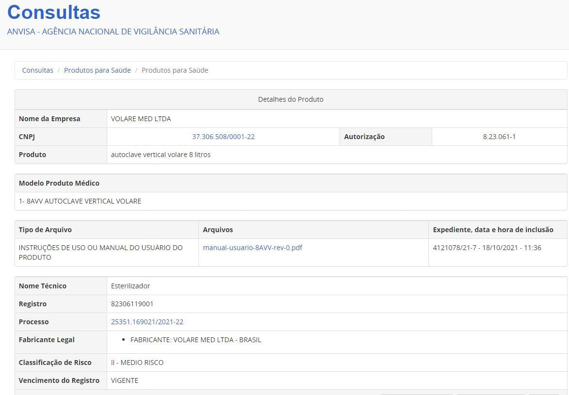 Miniatura Autoclave Manicure Vertical 08 Litros Anvisa 220V Volaremed