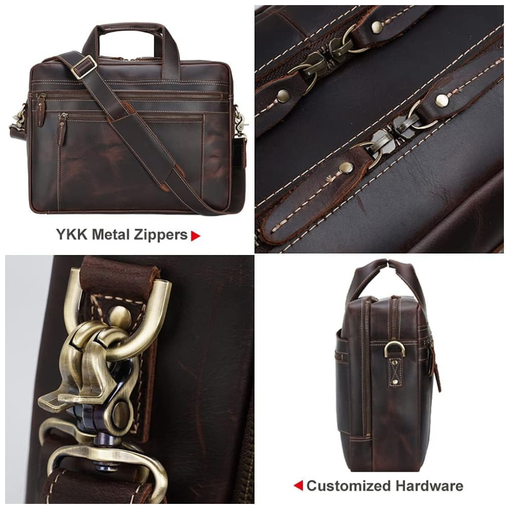 Bolsa Carteiro Masculina de Couro Bovino para Laptop com 17 Polegadas, TIDING, Marrom 110v