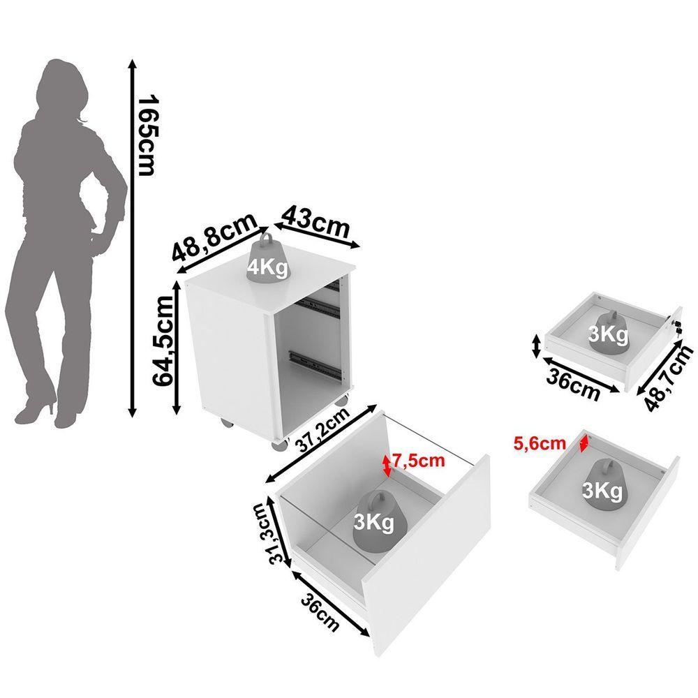 Miniatura Gaveteiro Para Escritório 3 Gavetas Com Chave E Rodízios Branco