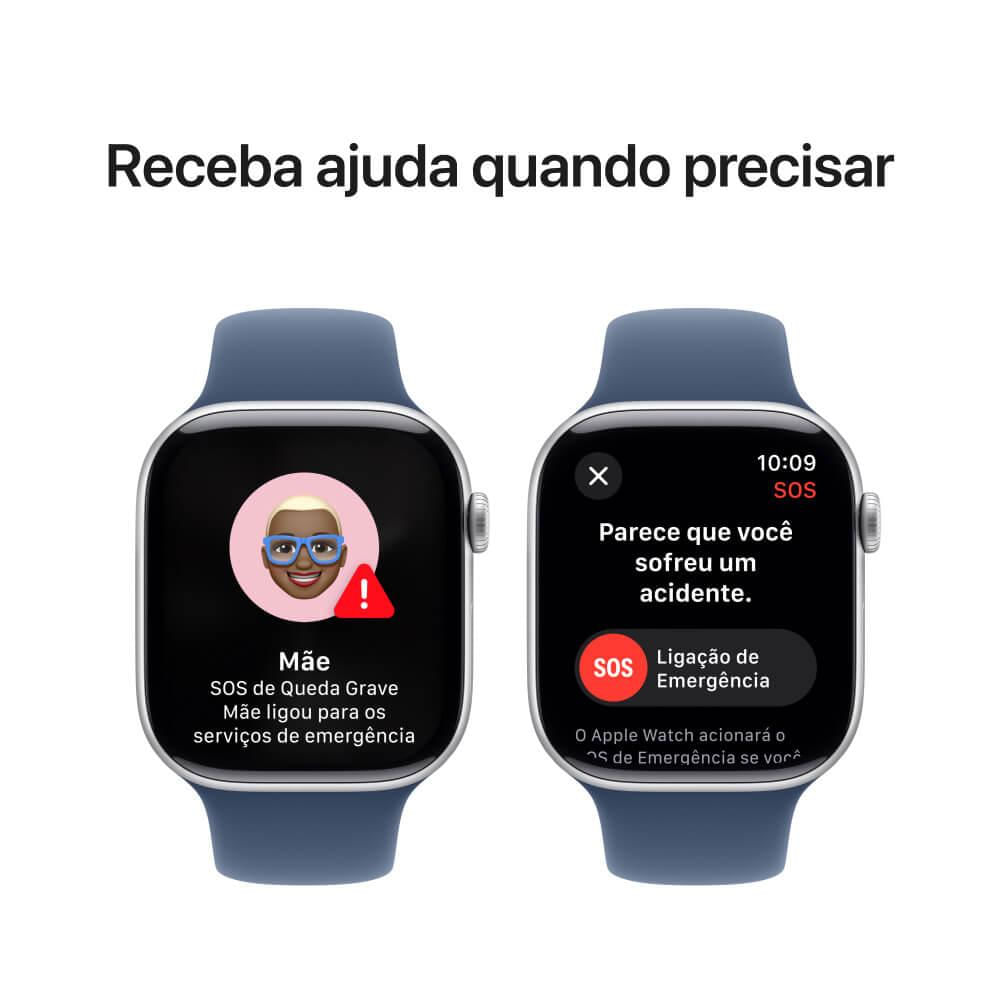 Apple Watch Series 10 GPS + Cellular • Caixa prateada de alumínio – 46 mm • Pulseira esportiva denim – P/M