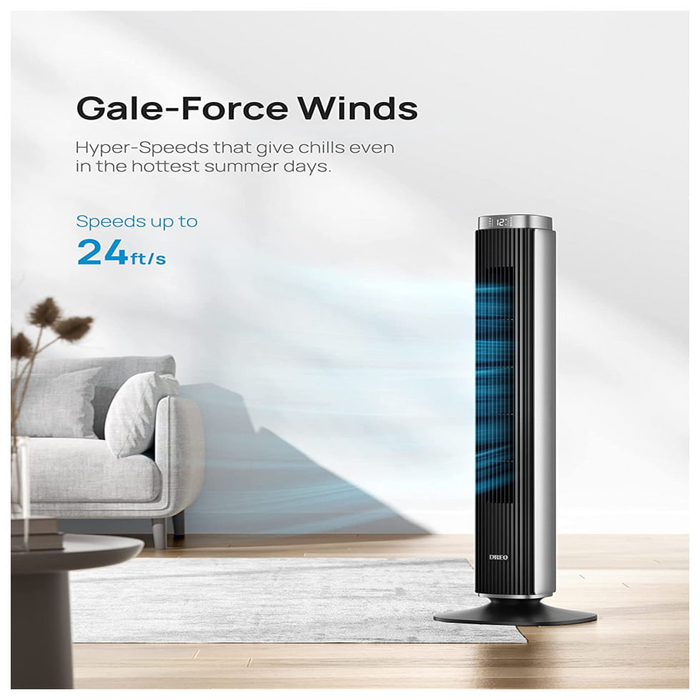 Miniatura Ventilador de Torre Dreo DR HTF005 com 9 Velocidades, Controle Remoto, Tela LED e Desligamento Automático, 110V, Cinza