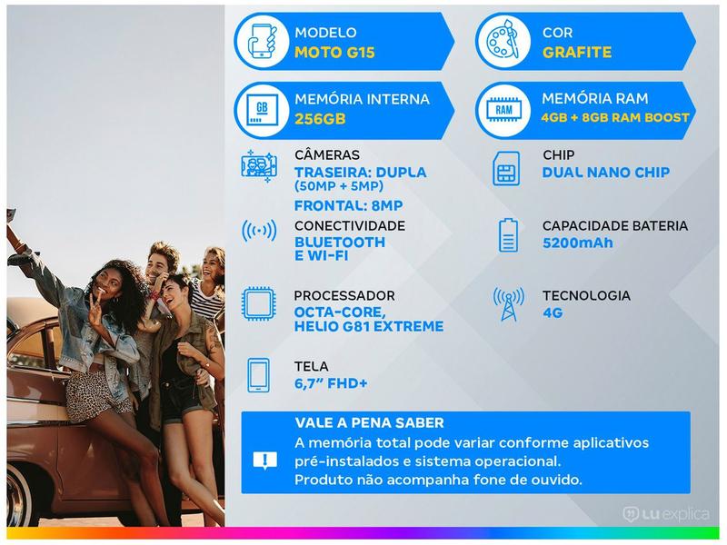 Miniatura Smartphone Motorola Moto G15 256GB Grafite 4G 4GB RAM 6,7" Câm. Dupla Selfie 8MP
