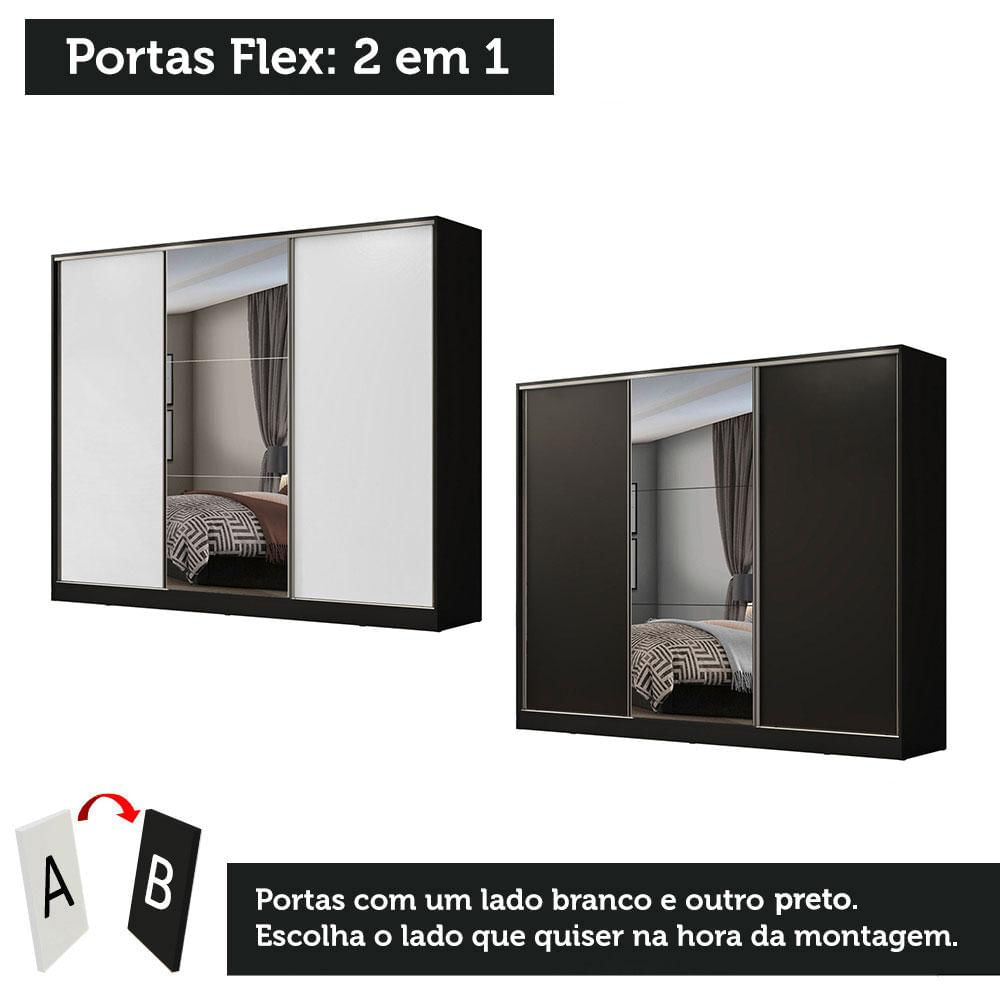 Guarda Roupa Casal 100% MDF Madesa Zurique 3 Portas de Correr com Espelho - Preto/Branco Preto/Branco