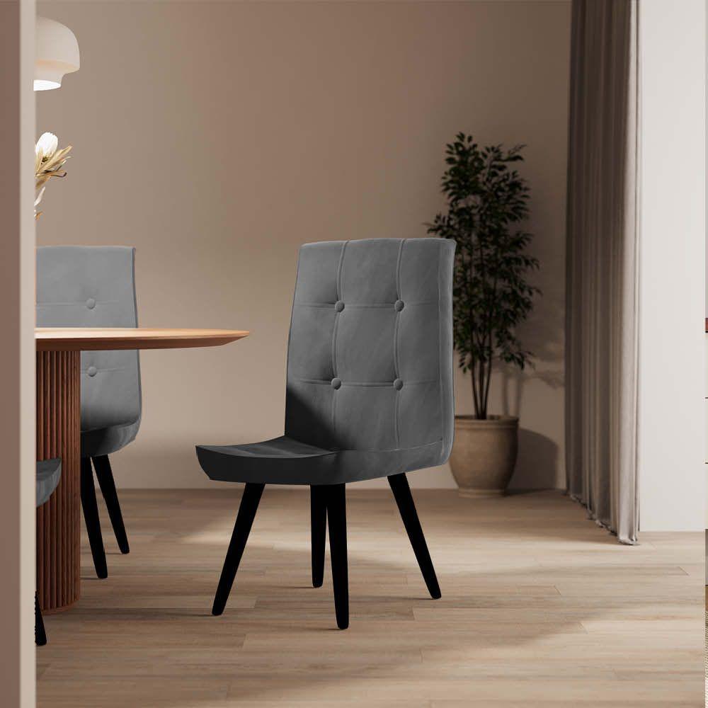 Miniatura Cadeira De Jantar Drop Com Botão Base Pé Palito Preto Suede Cinza - Amey Decor