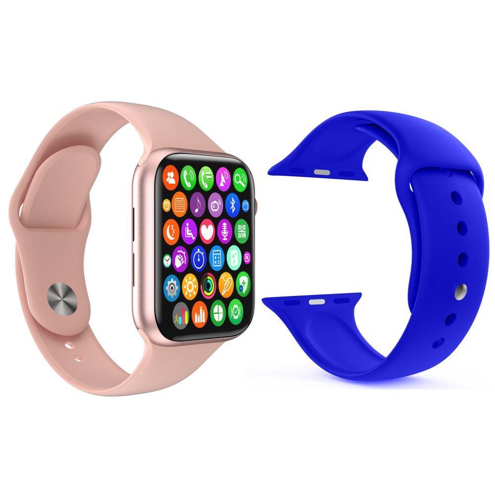 Miniatura Kit 1 Smartwatch Iwo 8 Rosa + 1 Pulseira Extra Azul Escuro