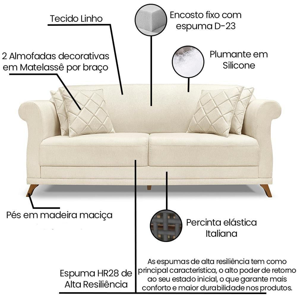Sofa 2 Lugares Retro Polo 180cm Com Almofada Linho Natural Ezz Natural