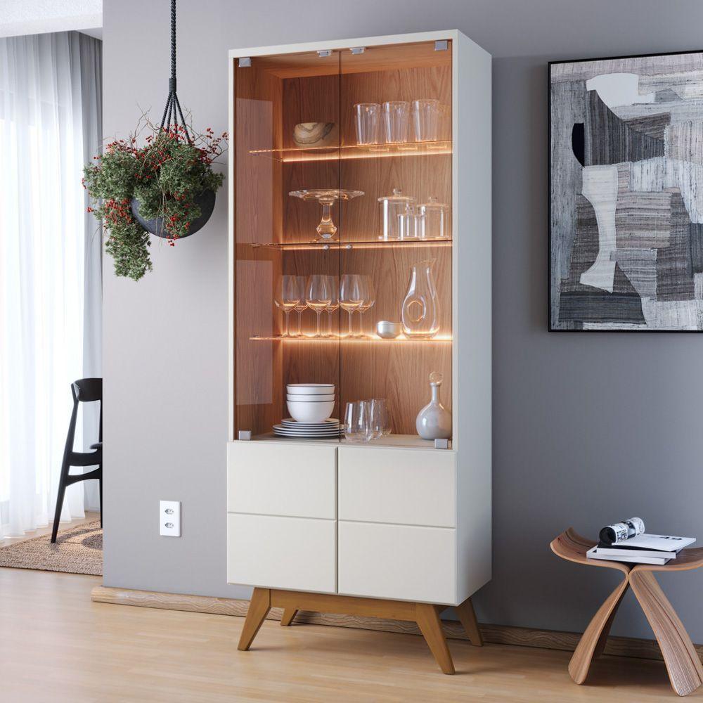 Cristaleira Portas De Vidro Rebeca E Espelho Adnet 54cm C05 Off White/freijó - Mpozenato