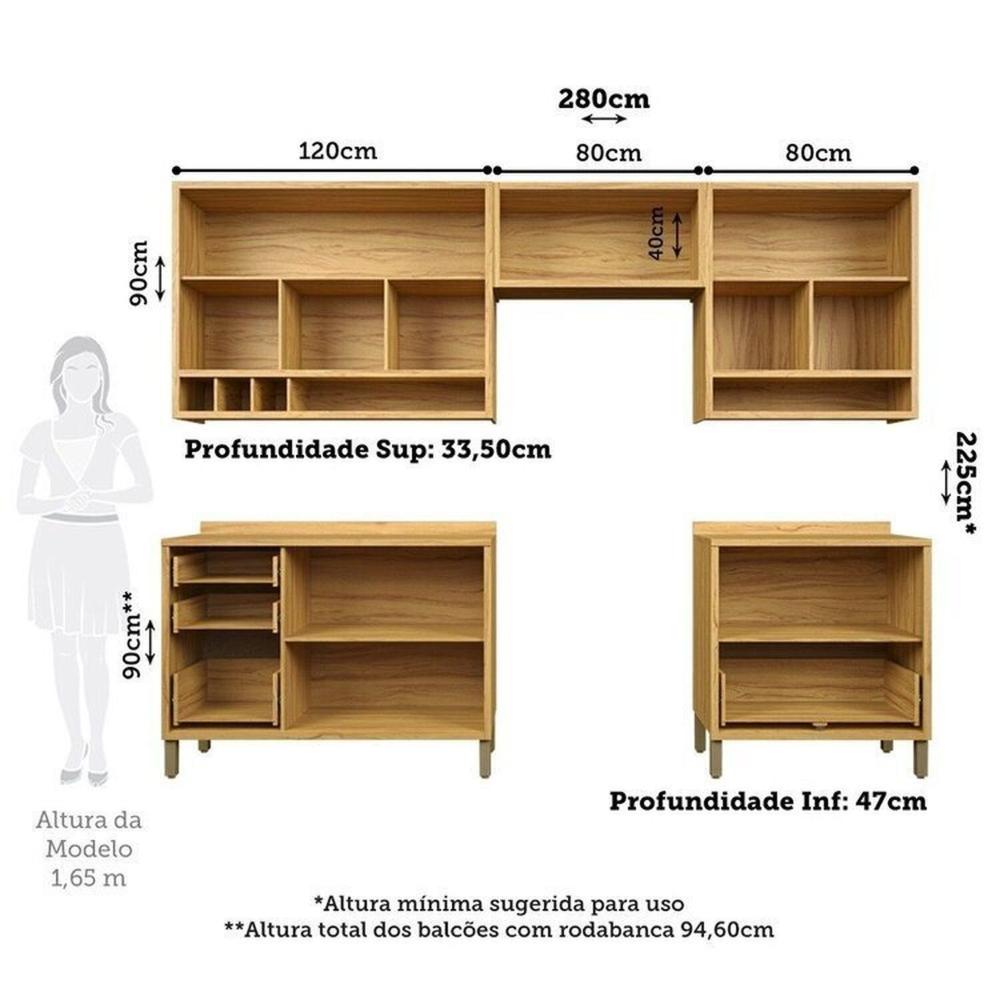 Miniatura Cozinha Modulada Completa 5 Peças 8 Portas e Vidro Reflecta 280cm 100% Mdf Vicenza Espresso Móveis Amêndoa/Branco