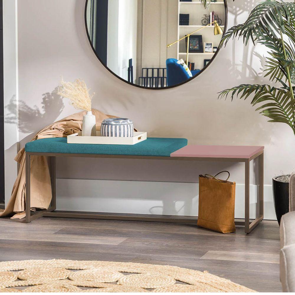 Miniatura Banco Recamier Puff 160cm Industrial Marrom Suede Azul Turquesa Tampo Quadrado Mdf Rose