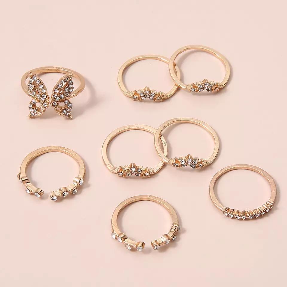 Miniatura Kit 8 Anéis Dourado Strass Brilhante Borboleta Flores A8745