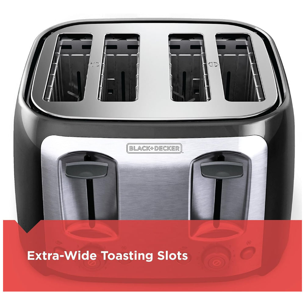 Miniatura Torradeira BLACK+DECKER 4 Fatias, Fendas Ampla, 7 Níveis de Tostagem, 1400W, Função Congelados e Bagel, Controle de Tostagem, Elevação