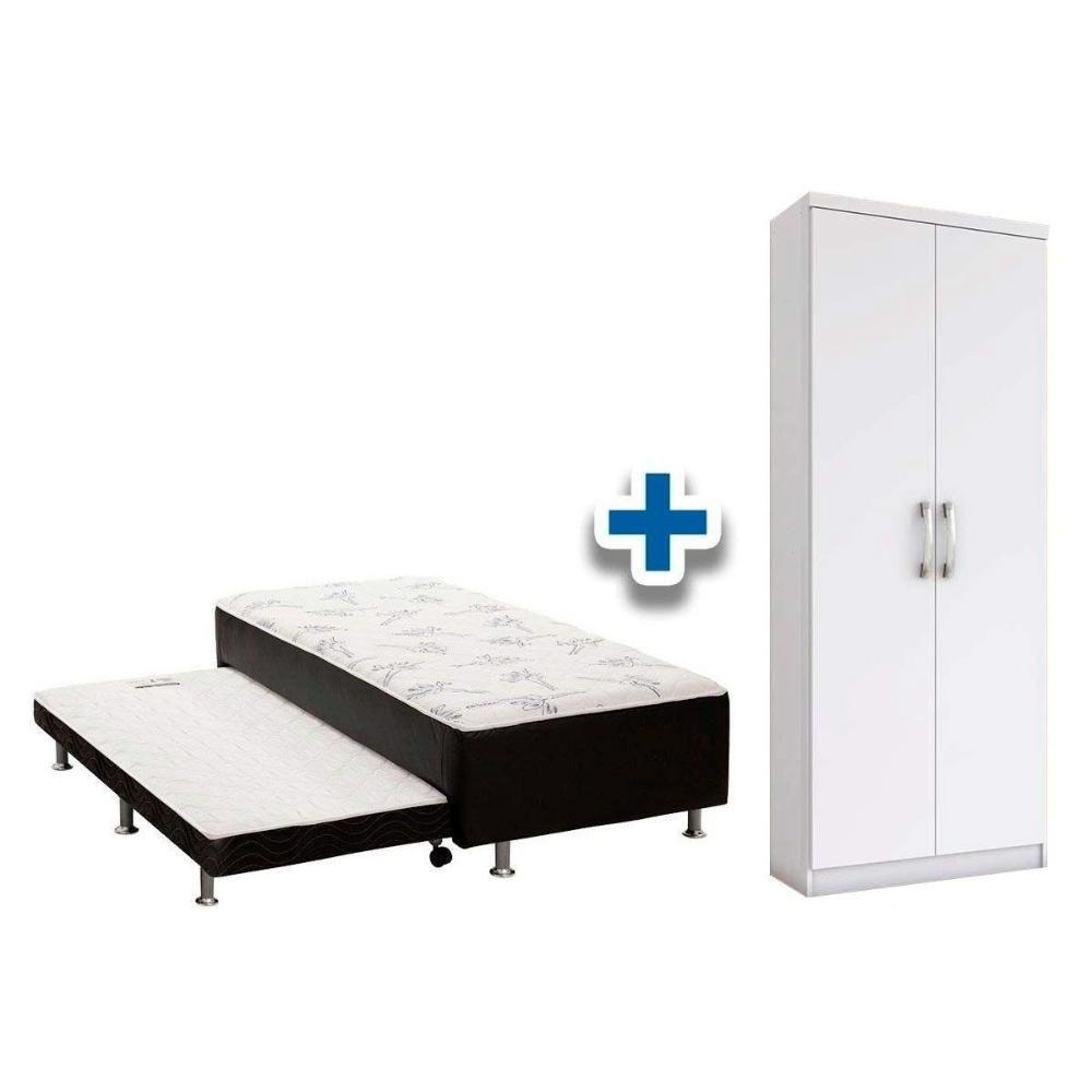 Miniatura Cama Box Solteiro Conjugado Ortobom Black C/ Auxiliar + Armário Multiuso Margarida Branco