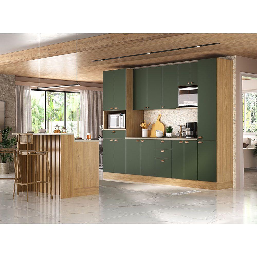 Miniatura Cozinha Modulada Completa Com Bancada Ilha 8 Peças Com Tampo Freijó/verde Amalfi