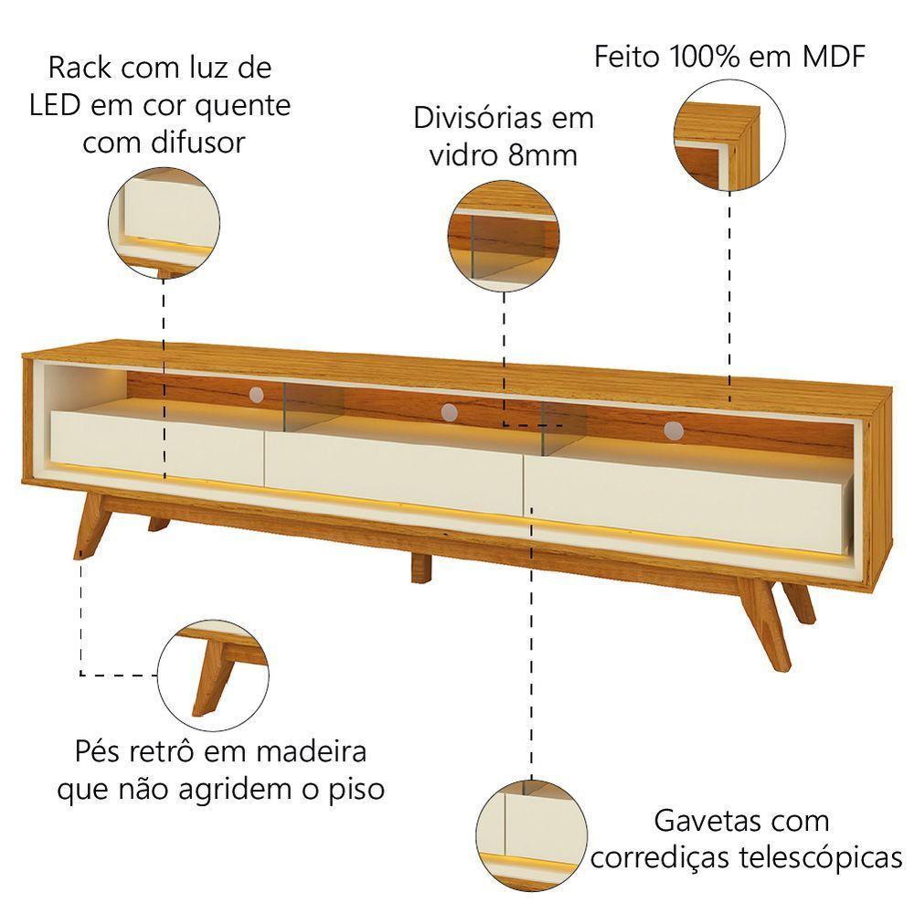 Miniatura Rack Bancada Para Tv Até 90 Polegadas Com Led Requinte Madeirado/off White Gelius Natura/off
