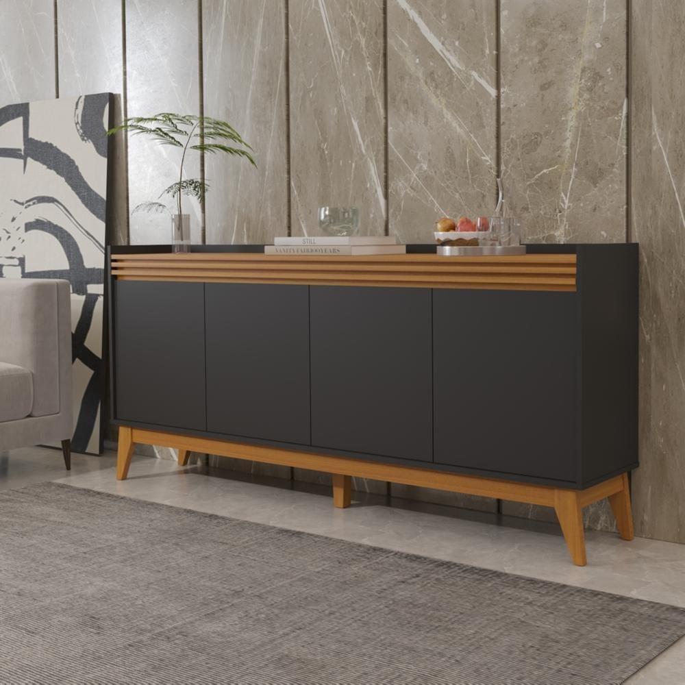 Miniatura Buffet Aparador Ripado 4 Portas Com Pés De MDF Astúrias 180cm Preto Cedro