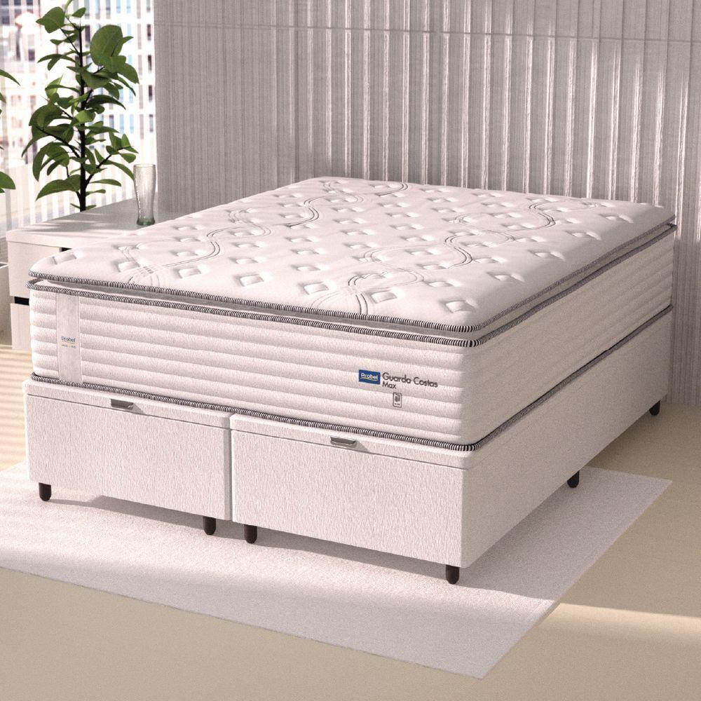 Cama Box Baú Casal Queen Colchão Molas Guarda Costas Com Pillow 158x198x81cm Branco Cinza