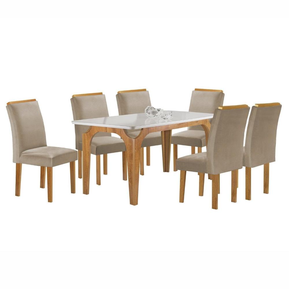 Conjunto Mesa Melina 170cmx90cm com 6 Cadeiras Luisa Tampo Smart Plus com Vidro Cinamomo/Off White/Bege Claro