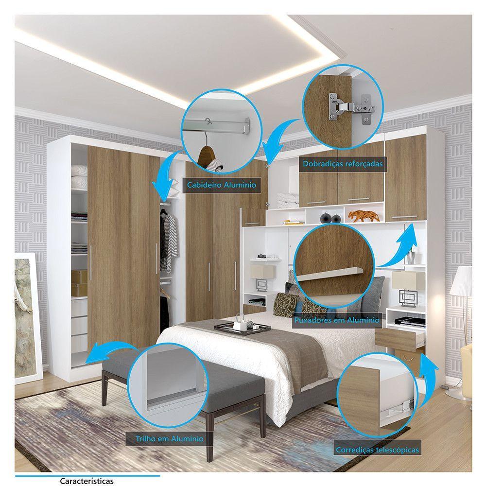 Miniatura Quarto De Canto Casal Com Guarda Roupas Cabeceira E Mesas De Cabeceira Alpes Luciane Móveis Branco Pf Com Avelã Pf