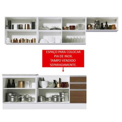 Cozinha Completa Madesa Marcela Com Armário e Balcão (Sem Tampo e Pia) Branco/Rustic/Branco Cor:Branco/Rustic/Branco