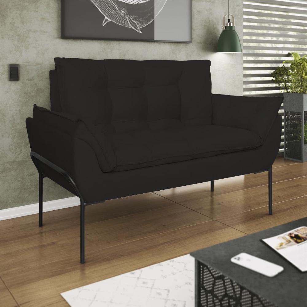 Miniatura Kit 02 Poltronas + Namoradeira Pé Metal Preto Recepção Sala Preto
