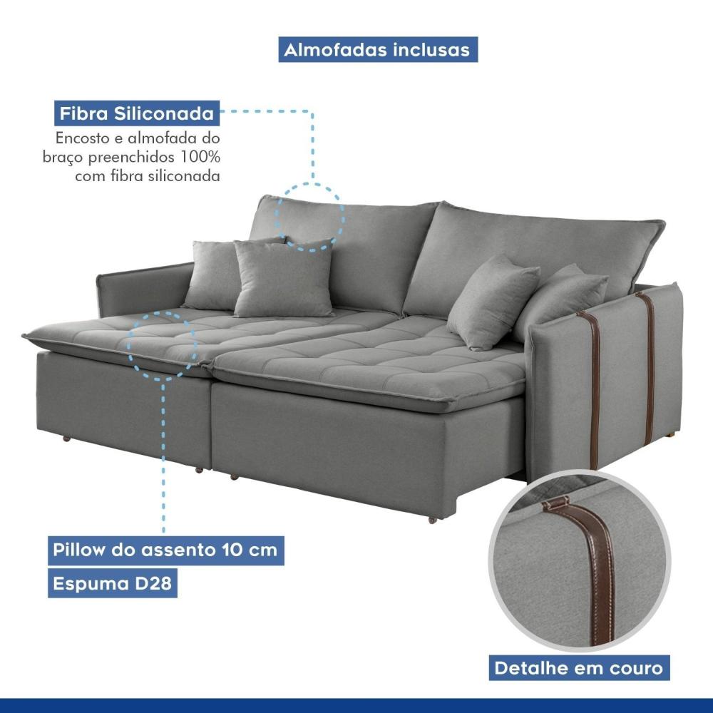Sofa Cama Retratil e Reclinavel 220cm Detroid Yescasa Linho/Cinza