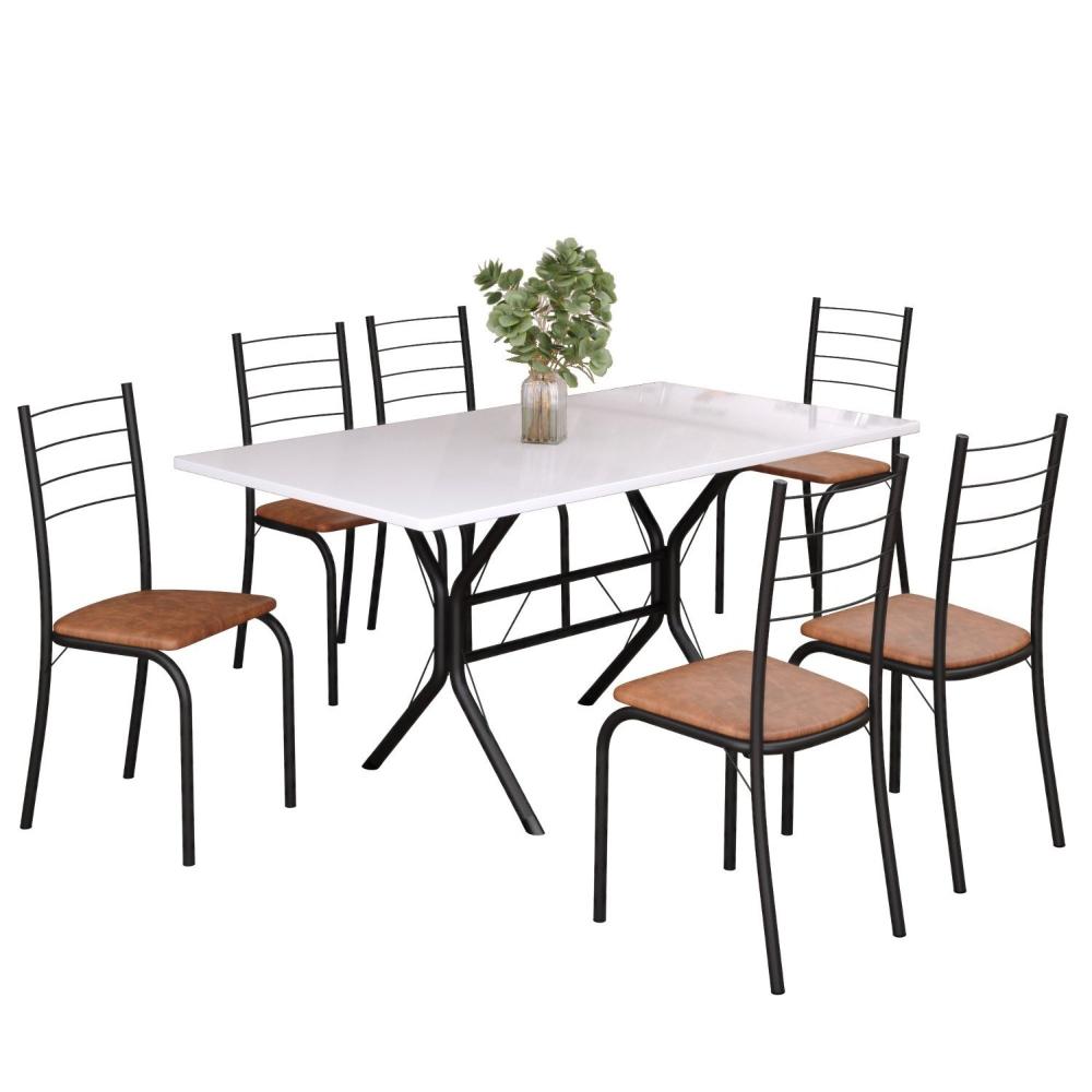 Miniatura Conjunto Sala de Jantar Mesa Retangular 140x75cm Tampo Madeira Mdp 6 Cadeiras Rio C. Marrom / Preto Fosco