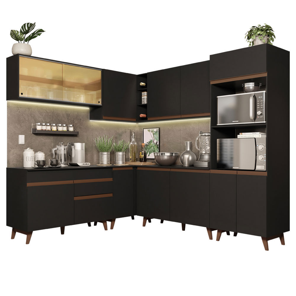 Miniatura Armário de Cozinha Completa de Canto Madesa Reims 452001 com Balcão Preto Cor:Preto