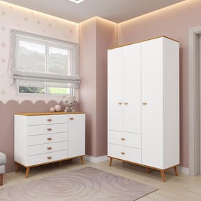 Miniatura Guarda-Roupa Bartira Ternura com 3 Portas, 2 Gavetas + Cômoda Bartira Ternura com 5 Gavetas e 1 Porta Branco Wood