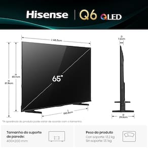 Smart TV 65” 4K UHD Hisense QLED 65Q6QV HDR10 Dolby Atmos Vidaa U9 Preta