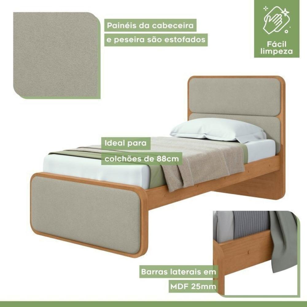 Quarto Infantil com 2 Camas Solteiro Loop Tecido Boucle e Mesa de Cabeceira 2 Gavetas Loop Amendoa Clean/Salvia