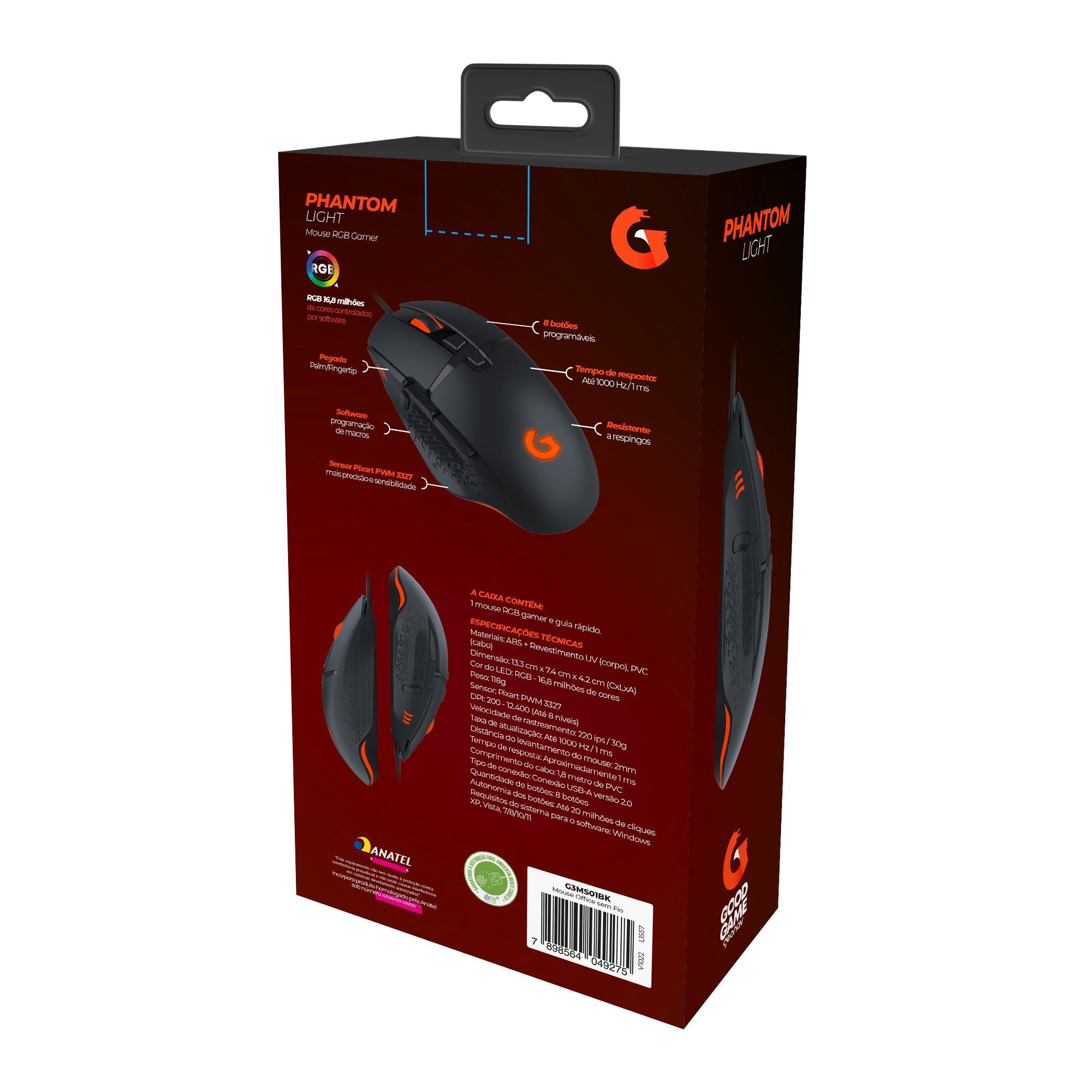 Mouse Gamer Usb Rgb Optico 12400 Dpi 8 Botoes P Jogo Premium