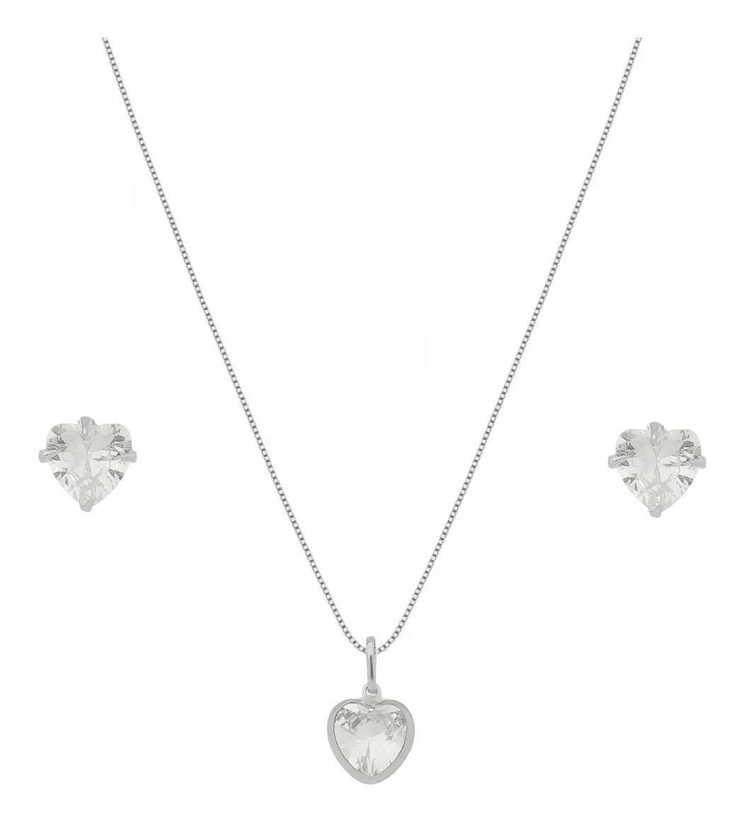 Miniatura Conjunto Com Zircônia Cristal Pedra Coração 6Mm Prata 925