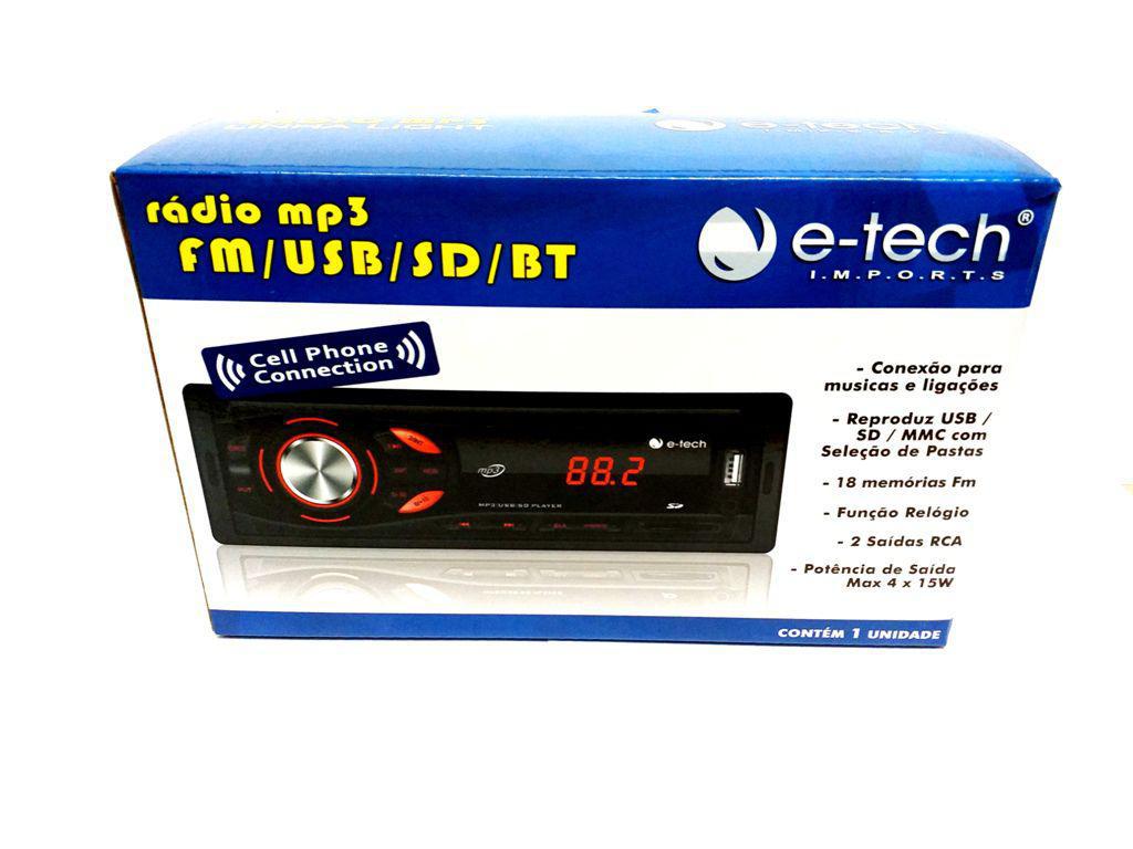 Miniatura Radio Automotivo Mp3 Fm Usb Sd Bt Com Bluetooth E-Tech Light