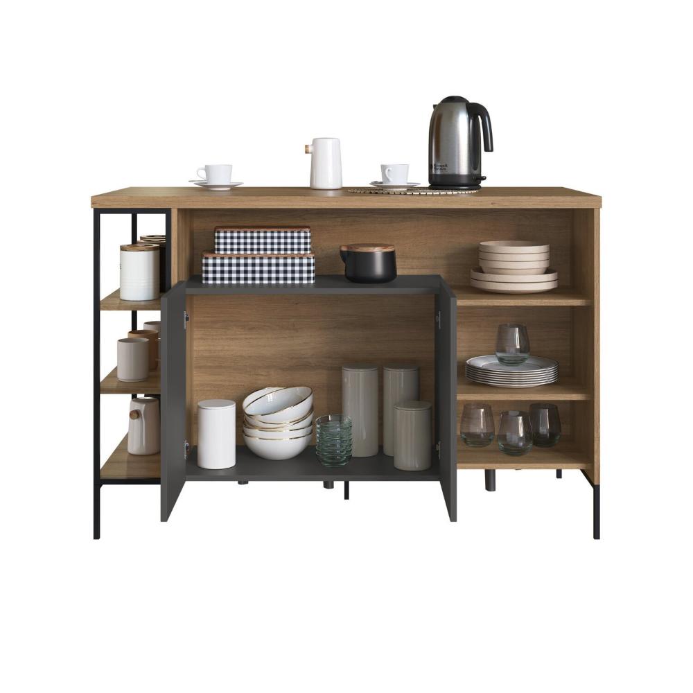 Miniatura Mesa Bancada Gourmet Estilo Industrial 131cm com Armario 2 Portas Preto/Mel/ Grafite