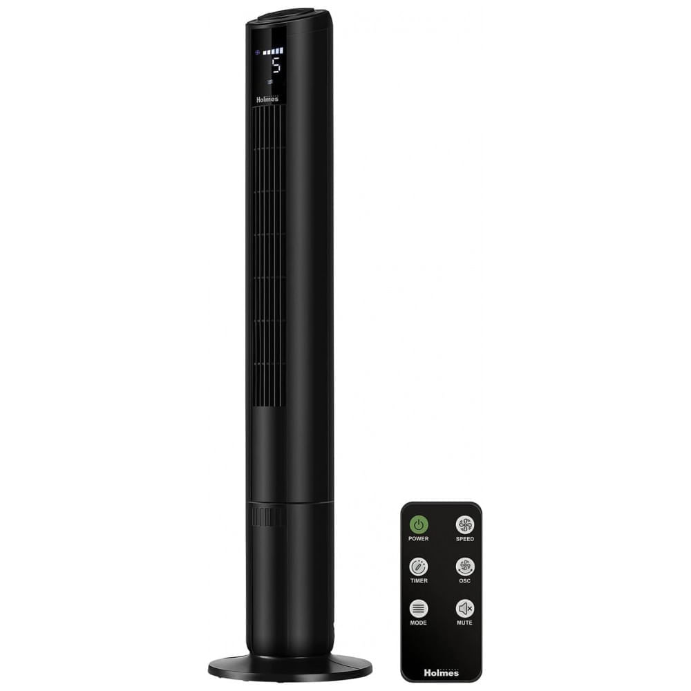 Miniatura Ventilador de Torre com 5 Velocidades, 4 Modos, Timer de 8H e Controle Remoto, 110V, HOLMES, Preto