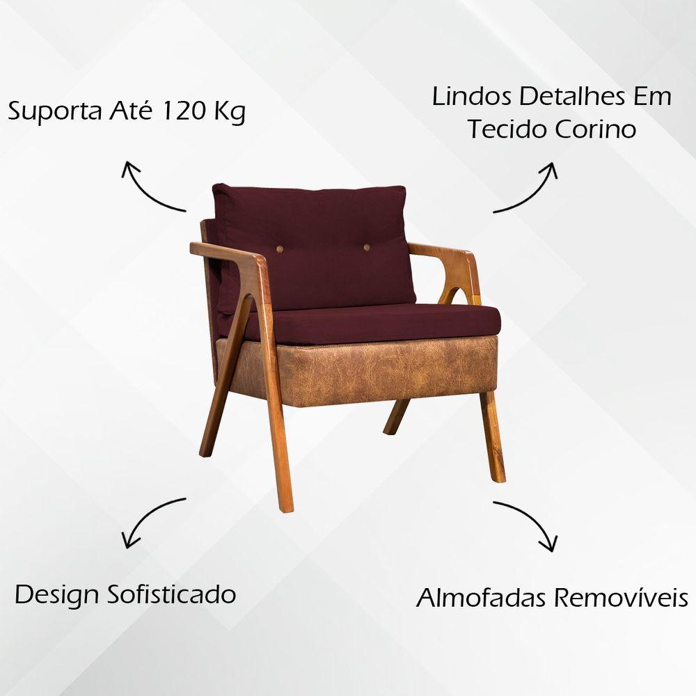 Poltrona Linho Moderna Laura Corino Com Linho Pé Castanho - Bordô, Linho