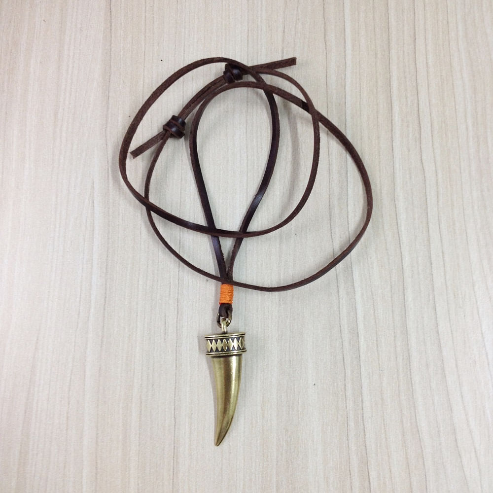 Miniatura Colar Masculino Tribal Couro Trançado Dente Presa
