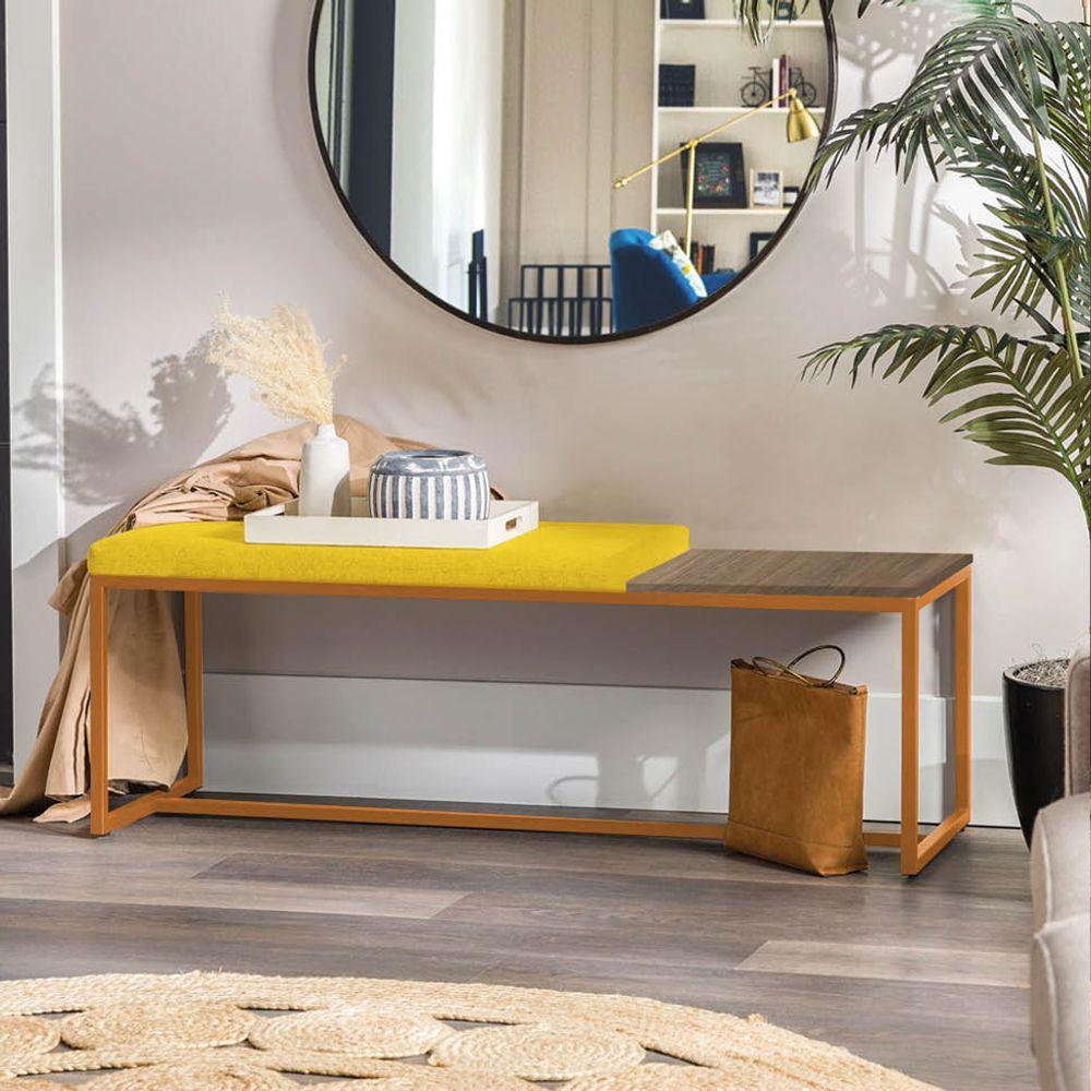 Miniatura Banco Recamier Puff 140cm Industrial Bronze Suede Amarelo Tampo Quadrado Mdf Nogal