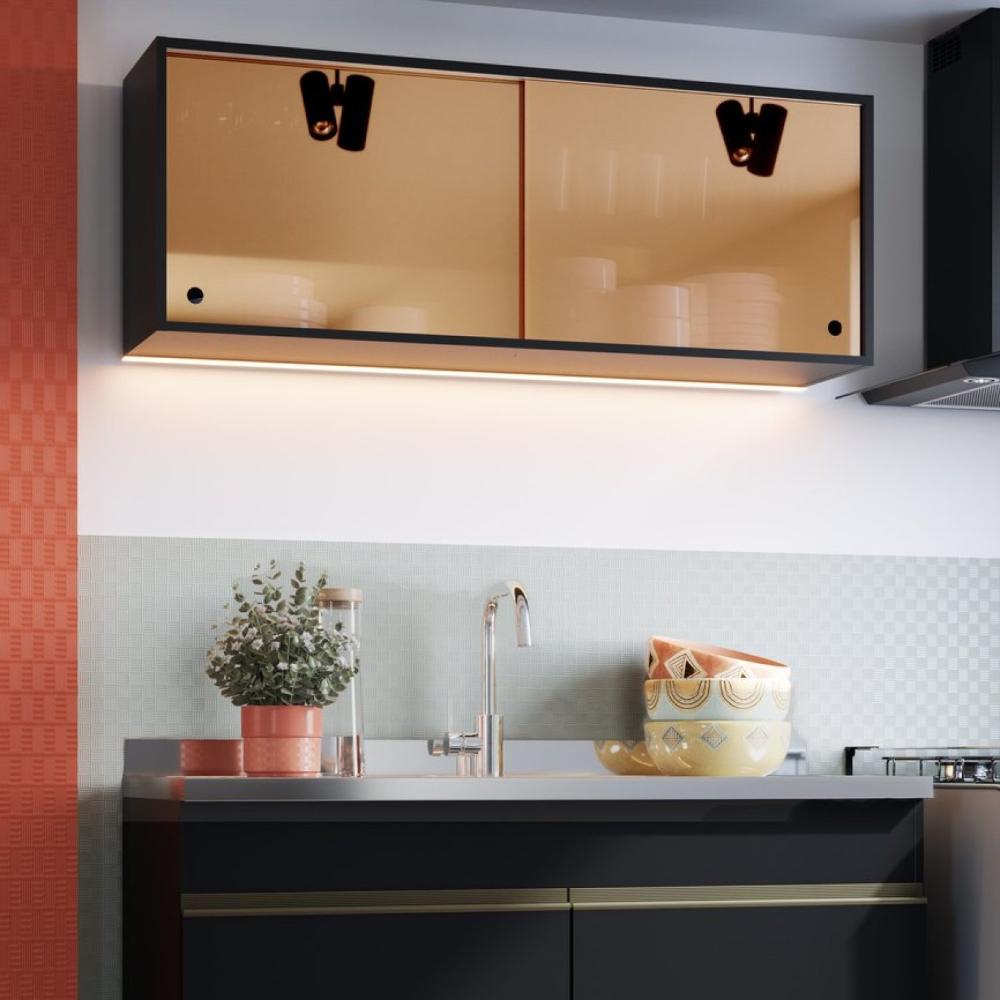 Miniatura Armário Aéreo de Cozinha 120cm 2 Portas em Vidro Requinte Yescasa Preto