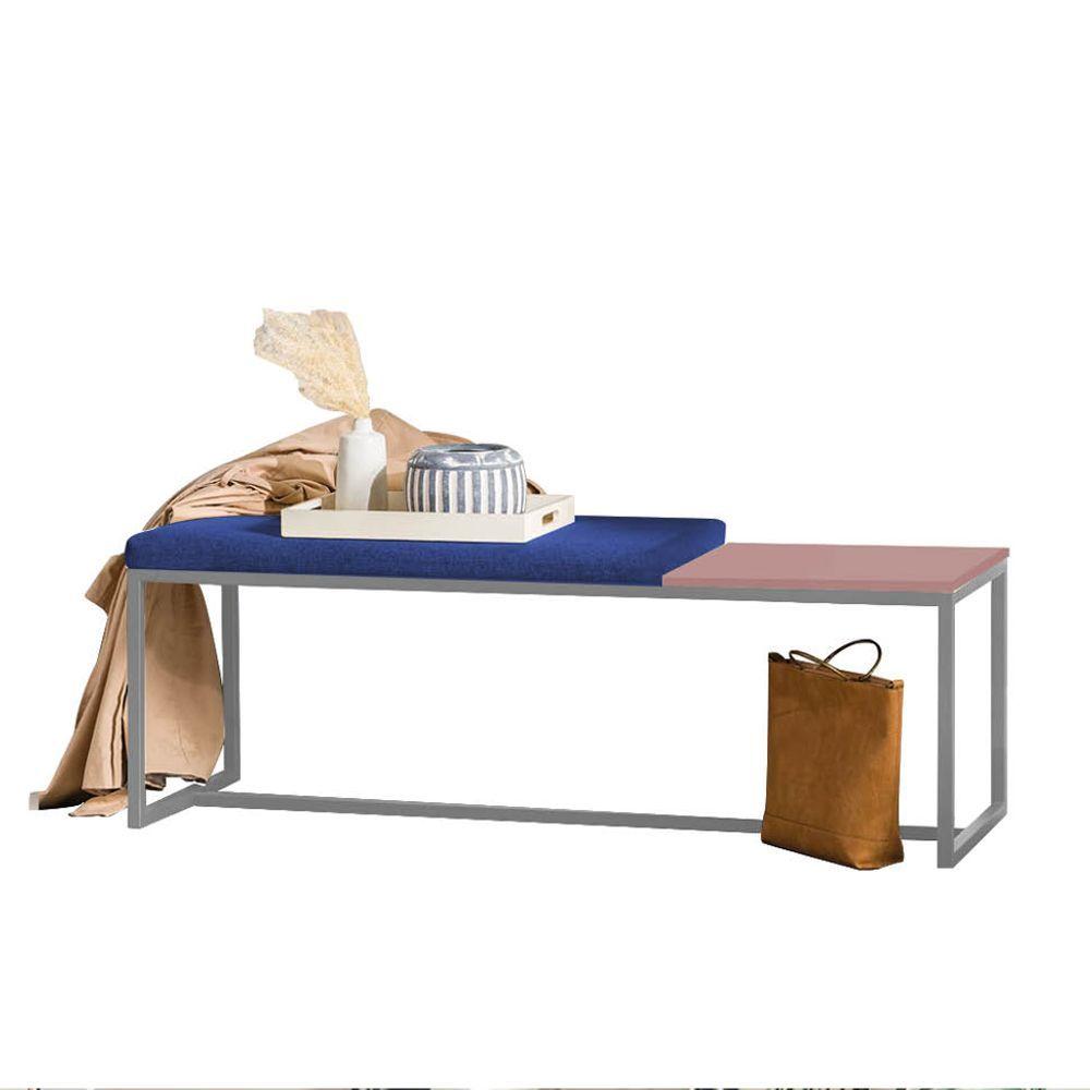 Miniatura Banco Recamier Puff 140cm Industrial Prata Corino Azul Marinho Tampo Quadrado Mdf Rose